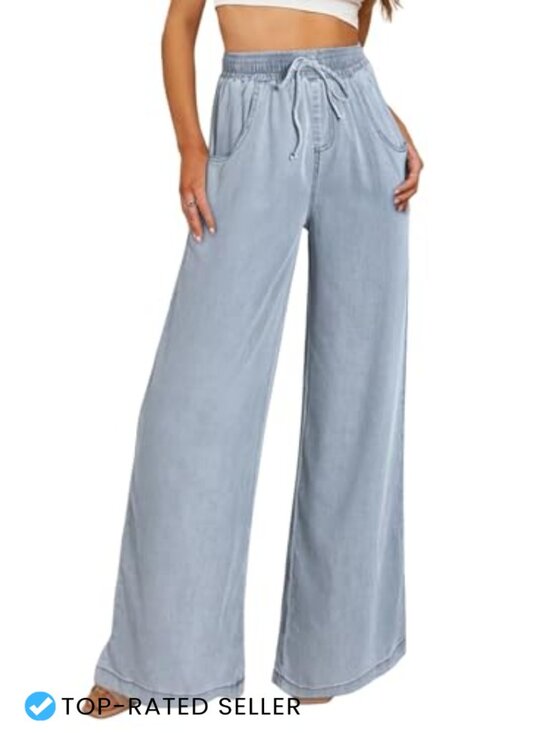 Denim - Wide Leg High Waist Drawstring Denim Jeans Women Casual Loose Fit